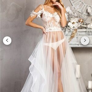 Romantic Sheer White Lace Bridal Dress with Off-Shoulder Detail